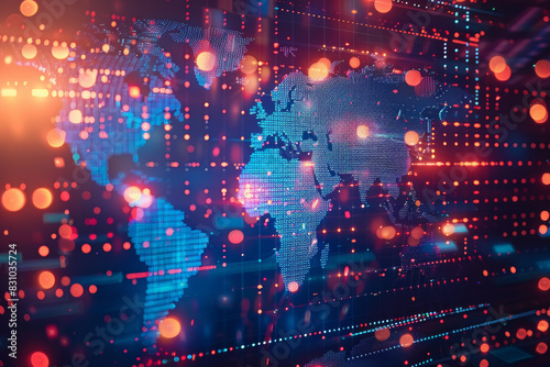 Digital world map with futuristic glowing data points representing global connectivity and information exchange in vibrant colors.
