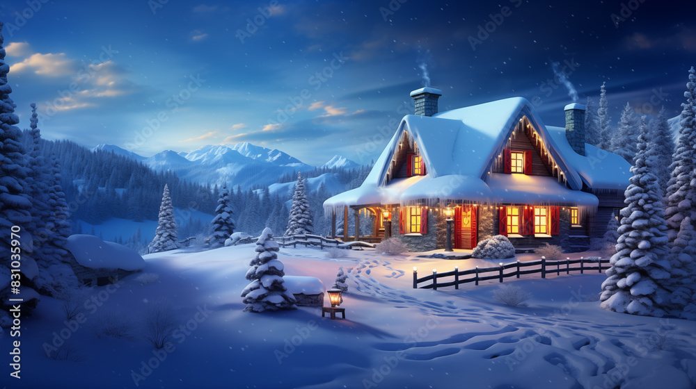 A cozy cabin in the woods with a fireplace and a lighted lantern. The scene is set in the wintertime, with snow covering the ground and trees A cozy cabin in the woods with a fireplace and a lighted lantern. The scene is set in the wintertime, with snow covering the ground and trees