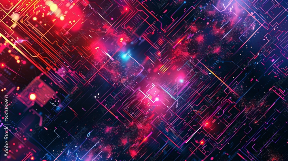 A colorful, abstract image of a computer circuit board with red and blue lights A colorful, abstract image of a computer circuit board with red and blue lights