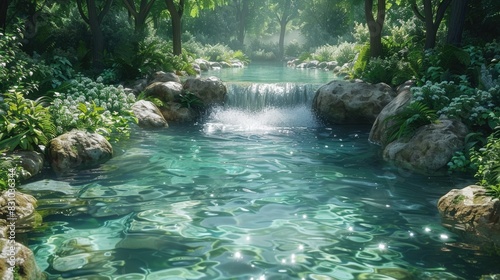 Tranquil Forest Stream  Crystal-Clear Water Amid Lush Greenery  Crafting a Serenely Beautiful Natural Landscape 