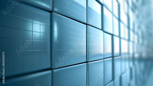 A wall of blue tiles with a reflection of the tiles on the wall. The tiles are arranged in a grid pattern