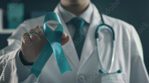 The doctor holding teal ribbon photo