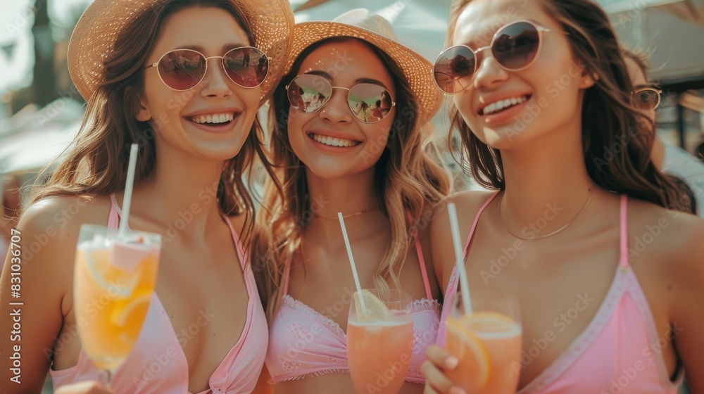 Summer Party: Three Young Women Enjoying Refreshing Cocktails Outdoors. Generative ai Summer Party: Three Young Women Enjoying Refreshing Cocktails Outdoors. Generative ai