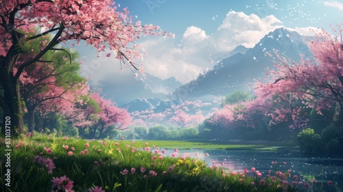 A serene spring landscape with blooming flowers and lush greenery. Cherry blossoms are in full bloom  adding a touch of elegance to the scene. The fresh meadows and vibrant colors create a peaceful