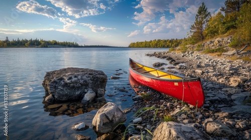 A red canoe rests on a rocky shore by a calm blue lake Warsaw, Poland photo