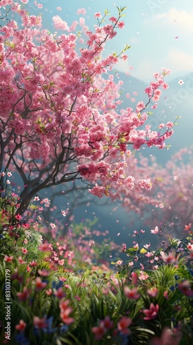 A picturesque spring garden filled with blooming flowers and lush green plants. Cherry blossoms stand out with their delicate pink petals. The fresh meadows and vibrant colors evoke a sense of