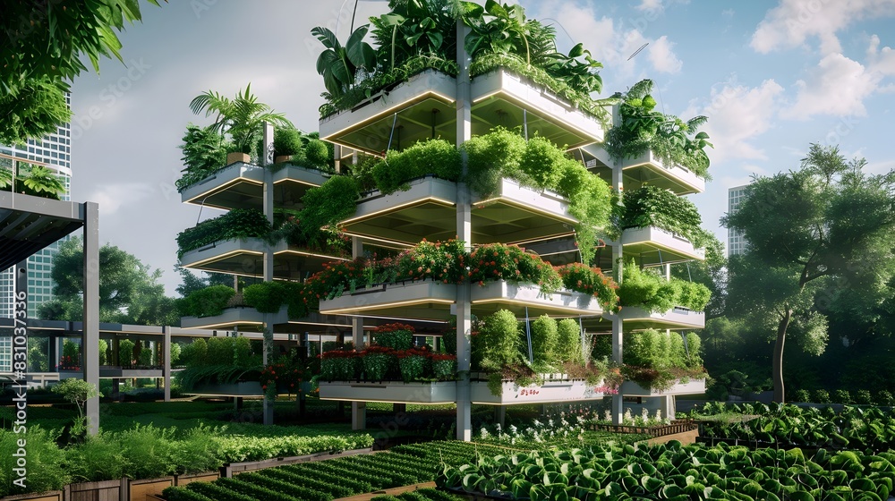 Obraz premium Urban Oasis: Futuristic Vertical Farm Integrating Advanced Hydroponic Systems