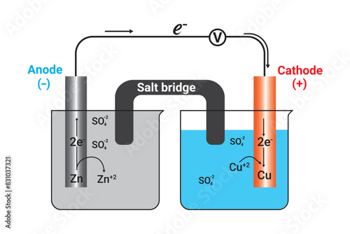 Construction of a Daniel Cell. Simple electrochemical or galvanic cell. Electrochemical cell or Galvanic cell with Voltmeter. Chemical energy changes into an Electrical energy vector.