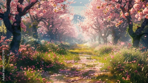 A peaceful spring garden with blooming flowers and lush greenery. Cherry blossoms add a delicate touch of pink to the scene. The fresh meadows and vibrant colors evoke a sense of new beginnings and