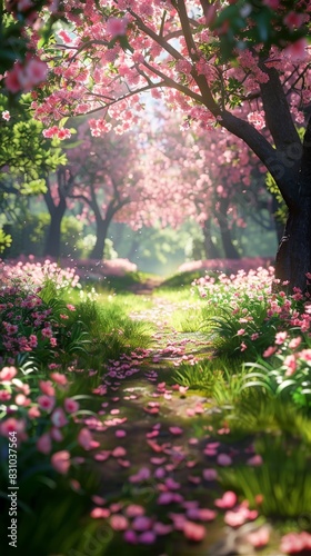 A tranquil spring garden filled with blooming flowers and lush green plants. Cherry blossoms add a pop of pink to the scene. The fresh meadows and vibrant colors evoke a sense of renewal and new