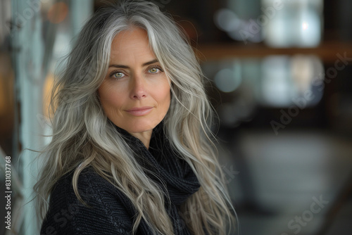 Portrait of an elegant mature woman with grey hair  confidence and beauty. Skin care and wellness concept  copy space