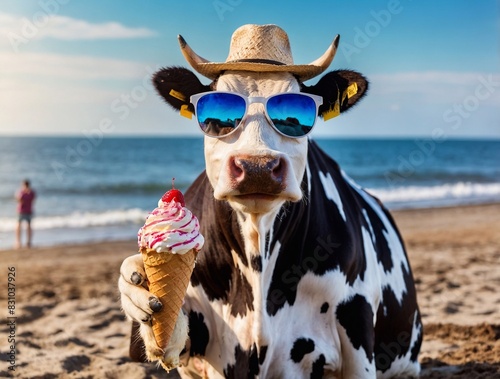 A funny cow in sunglasses on the beach eats ice cream. Dairy products, milk, cream. Tropical resort, summer, beach holiday for the lazy - all inclusive © ShU studio