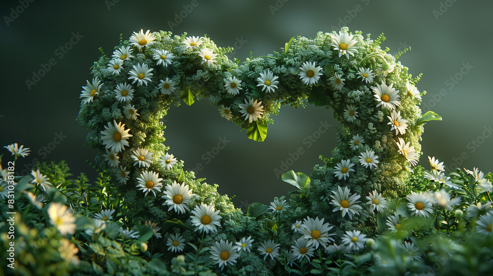 Flowers heart. Green background with chamomile, holiday concept. Greeting card for Mother's Day, March 8, Women's Day, wedding, birthday..Valentine's Day. Heart made of daisies flowers. Love Flowers heart. Green background with chamomile, holiday concept. Greeting card for Mother's Day, March 8, Women's Day, wedding, birthday..Valentine's Day. Heart made of daisies flowers. Love