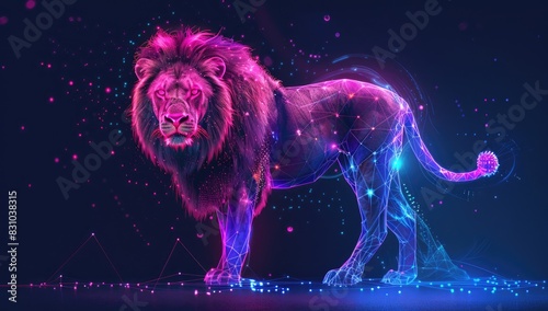 a image of a lion standing on a black surface with a blue and pink background © jambulart