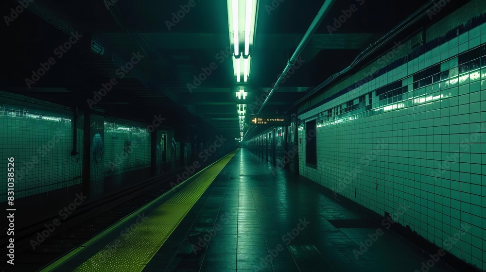 Empty subway platform with green light, tiled walls, and yellow line.