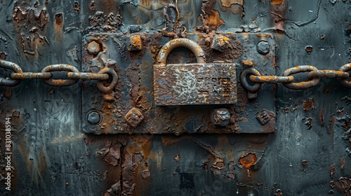 A close-up shot of a robust padlock and chains, both rusting, on a dilapidated metal door, highlighting the rough textures and decay © Paul