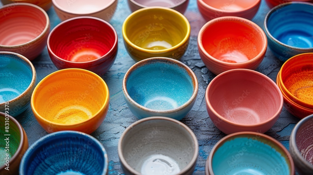 Artistic display of colorful ceramic cups arranged in a circular formation, isolated background, studio lighting Artistic display of colorful ceramic cups arranged in a circular formation, isolated background, studio lighting