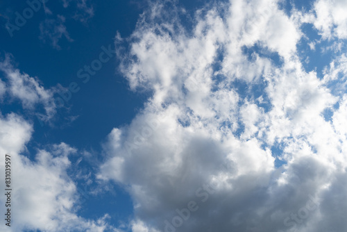 Blue Sky with White Clouds, Sunny Cloudy Sky Texture Background, Fluffy Clouds Pattern, Sunny Cumulus