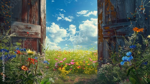Ancient door swung open, revealing a lush meadow, vivid wildflowers, and a bright blue sky, inviting and serene