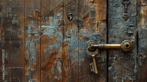 An antique wooden door with a large brass handle, a worn key hanging nearby, emphasizing a sense of security and safeguarding © Paul