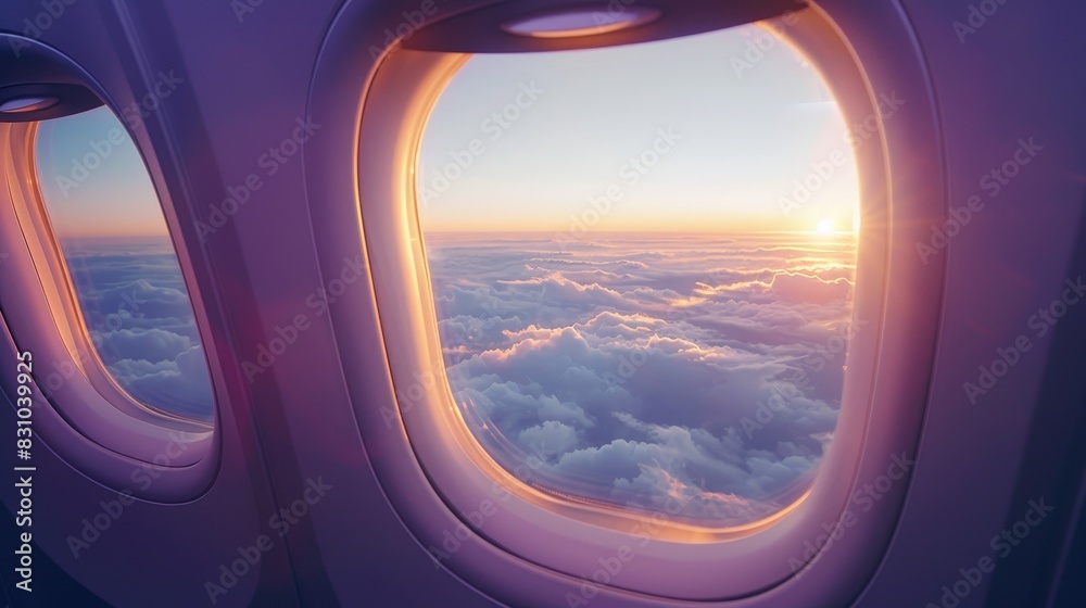 Airplane side window, serene view with a clear sky, cotton-like clouds below, soft sunlight illuminating the horizon, peaceful ambiance Airplane side window, serene view with a clear sky, cotton-like clouds below, soft sunlight illuminating the horizon, peaceful ambiance