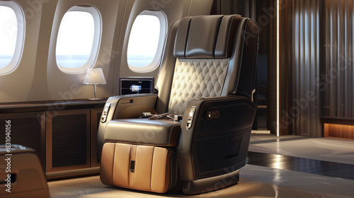 Airplane seat with premium leather, integrated entertainment, and ergonomic design