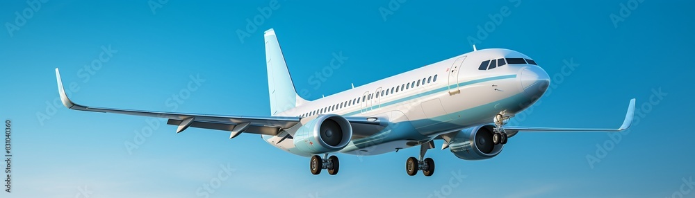 A white airplane set against a gradient blue background with subtle light effects, minimalist art, smooth gradients, high detail 8K , high-resolution, ultra HD,up32K HD