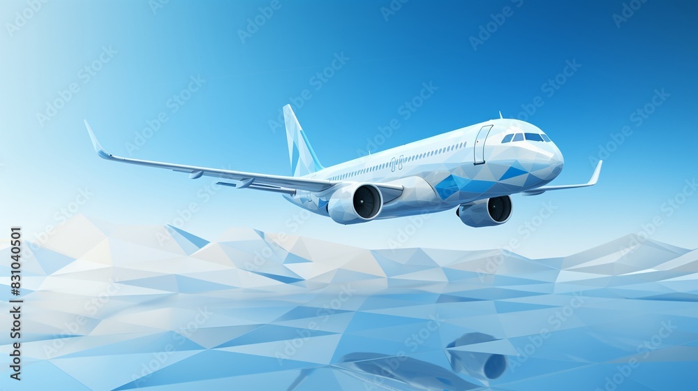 Obraz premium A sleek white airplane flying over a minimalist blue and white geometric background, modern design, high contrast, clean lines 8K , high-resolution, ultra HD,up32K HD