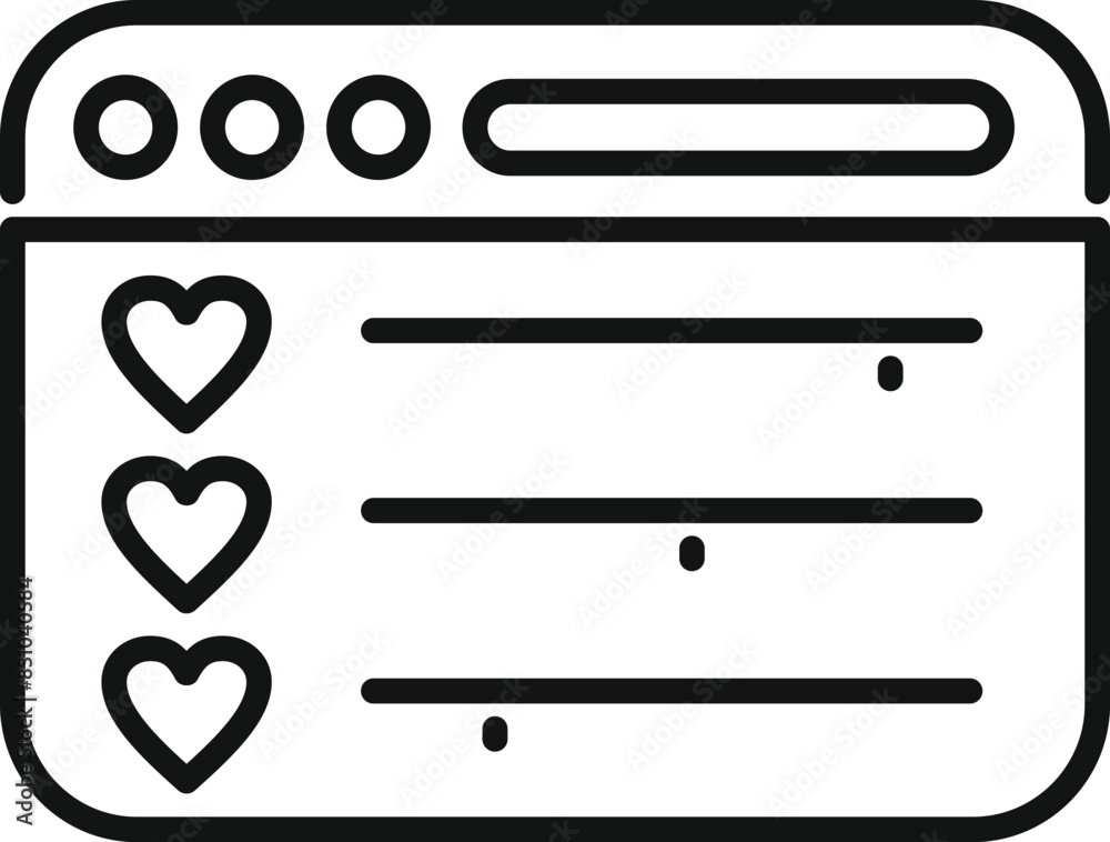 Outline icon of a web browser window featuring favorite bookmarks indicated with heart symbols