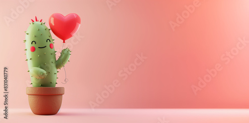 Cute smiling cactus in pot holding a red heart shaped balloon on a pastel pink background with copy space, in the style of a cartoon. Banner design for Valentine's Day. Minimal love idea
