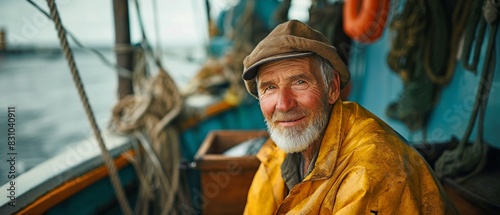 portraits of seasoned fishermen aboard their boats, capturing the essence of their daily toil amidst the serene backdrop of the sea. © Sawitree88