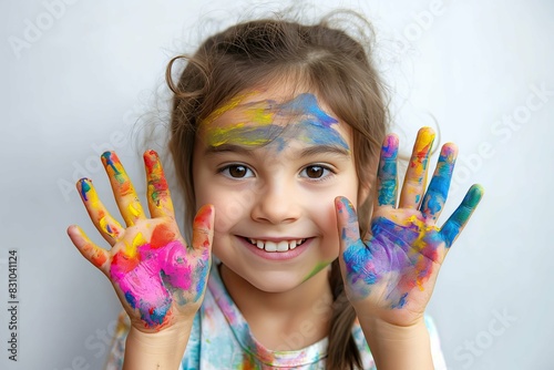 Happy little girl with paint on her hands smiling at the camera  focus on her hand  creative expression in a children s art class