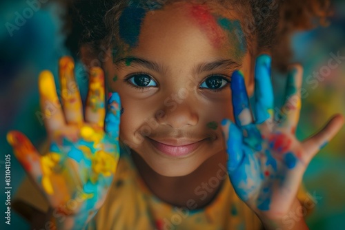 Cute little girl with her hands painted smiles  showing her paint-covered palms and fingers. The background is white  creating an atmosphere of creativity for children s painting activities