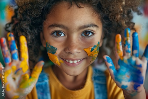 Cute little girl with her hands painted smiles, showing her paint-covered palms and fingers. The background is white, creating an atmosphere of creativity for children's painting activities