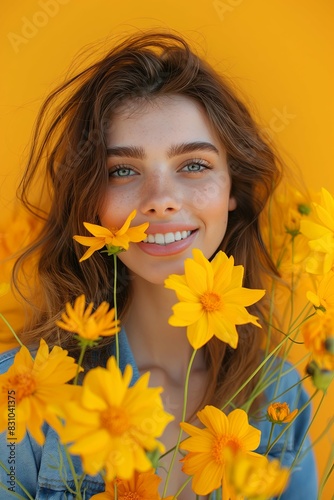 Portrait of happy woman with yellow flowers  solid color background  smilecore  happy mood  yellow tones  simple composition