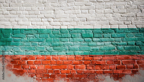 National flag of Bulgaria on a grunge old brick wall background. 