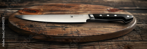 A Stunning High-End Chef's Knife Mockup Display, gouold sword on wood photo