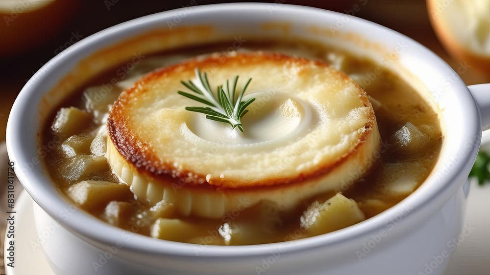 hearty bowl of French onion soup with a slice of toasted bread and melted cheese on top hearty bowl of French onion soup with a slice of toasted bread and melted cheese on top