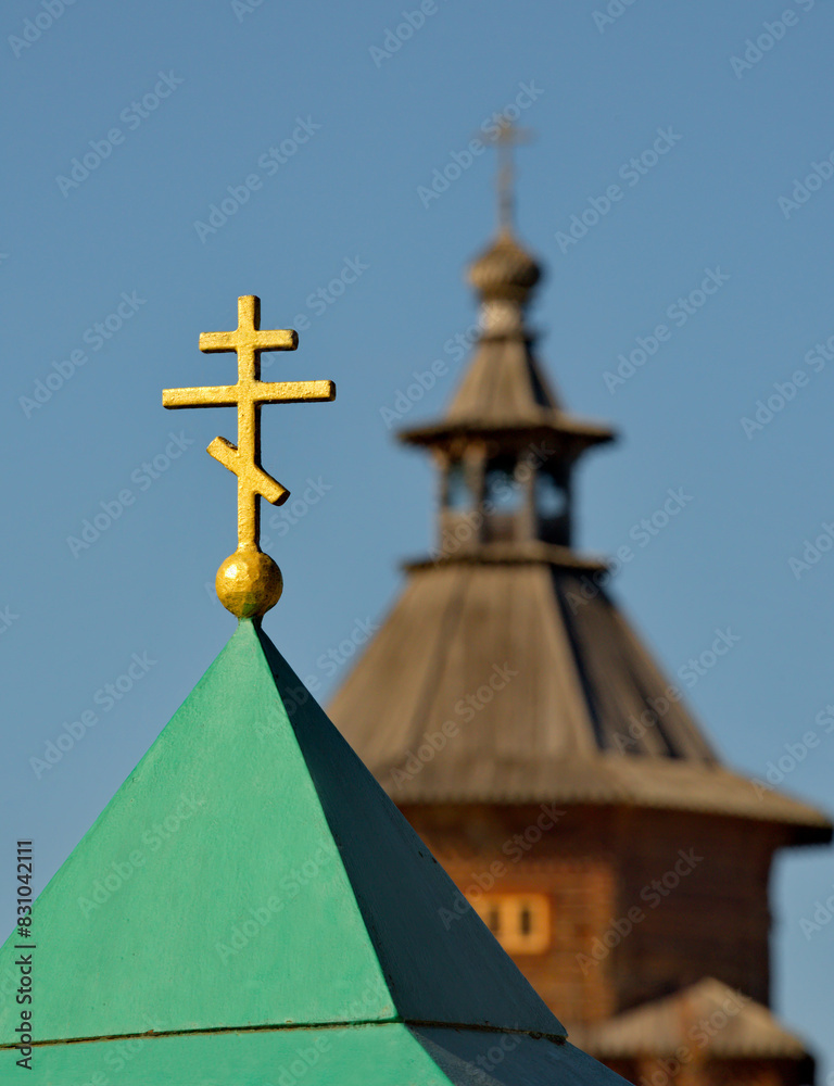 Moscow oblast. Russia. September 27, 2023. Fragments of Orthodox churches made of wooden beams in the historical complex Gremyachy Klyuch. Moscow oblast. Russia. September 27, 2023. Fragments of Orthodox churches made of wooden beams in the historical complex Gremyachy Klyuch.