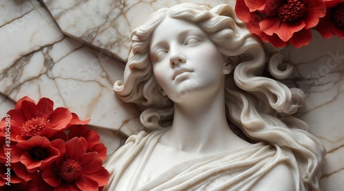 red flowers background of beautiful woman marble sculpture statue art