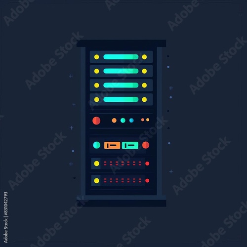 Flat illustration of a server rack with colorful lights.