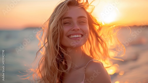 The smiling woman at sunset