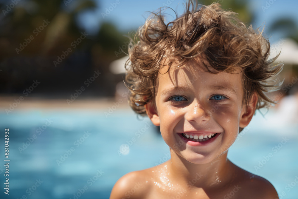 smiling little boy in the pool at the aquapark on resort