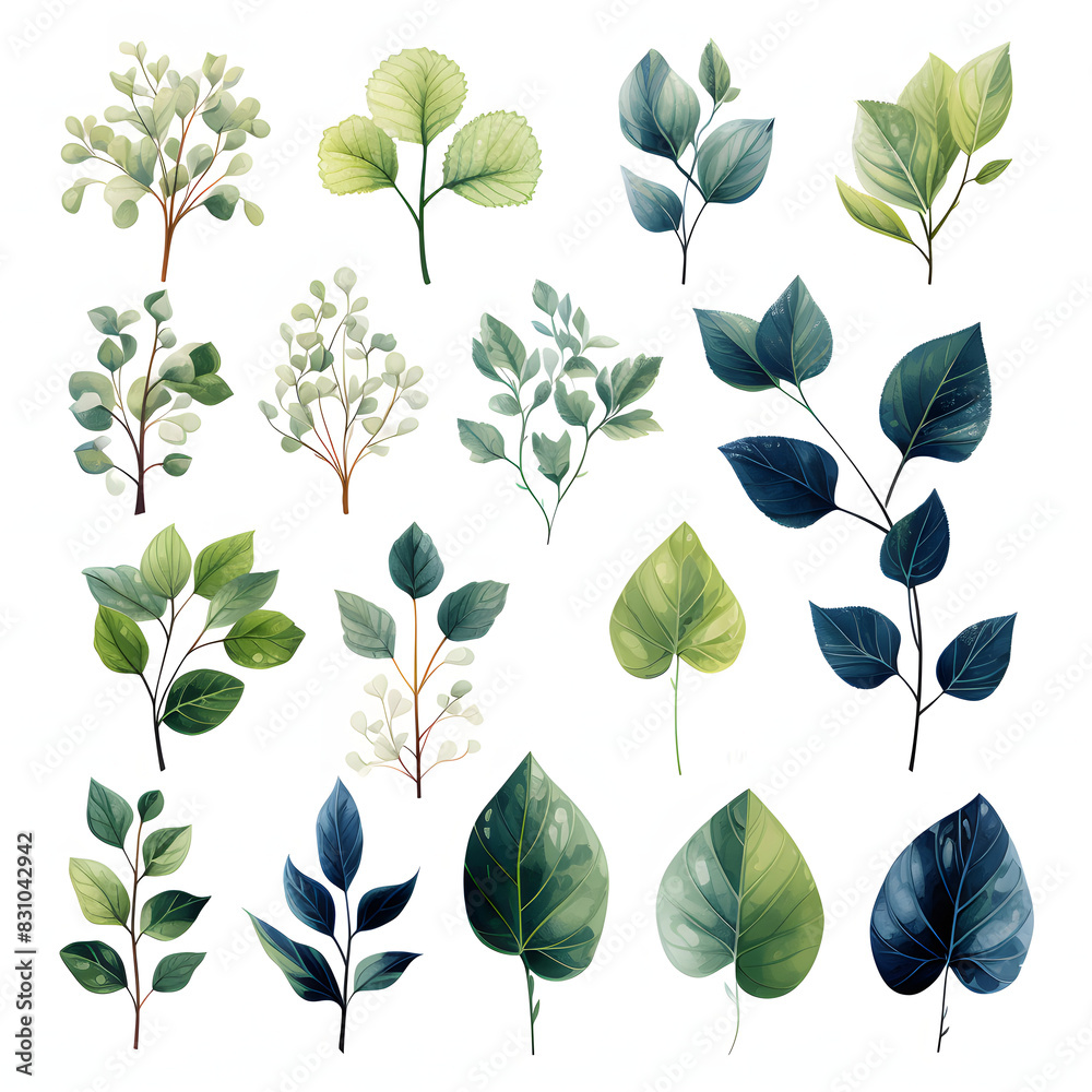 Obraz premium set of Salal leaves, plants, leaves and flowers. illustrations of beautiful realistic flowers for background, pattern or wedding invitations