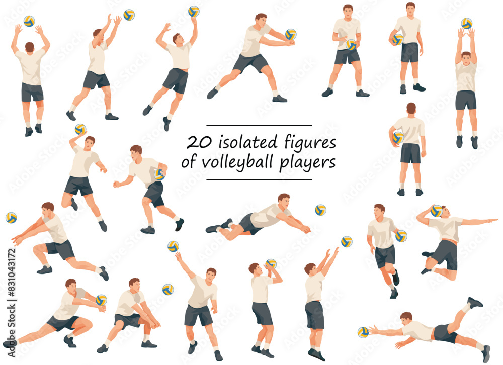 Vector figures of volleyball team players in white T-shirts in various poses training, running, jumping, throwing, hitting the ball Vector figures of volleyball team players in white T-shirts in various poses training, running, jumping, throwing, hitting the ball