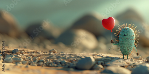 A cute cactus character holding a red heart-shaped balloon, standing on the desert ground with rocky terrain and distant mountains in the background. Minimal love concept