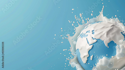 3D illustration of Earth surrounded with milk splash on blue background, celebrate world milk day photo