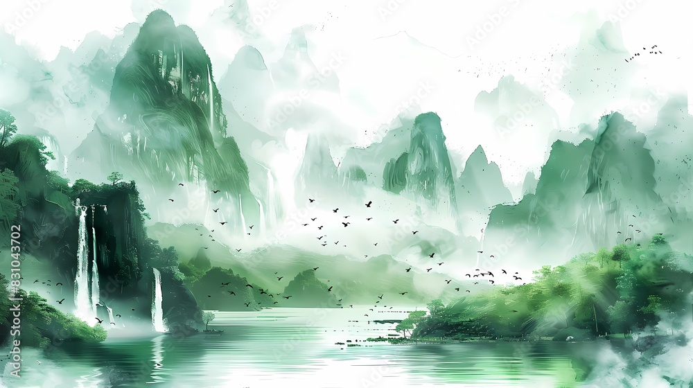 Green and white Chinese style ink landscape poster background Green and white Chinese style ink landscape poster background