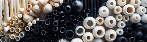 various types of ceramic materials packed together but in a loose way, Black, white, rods, tubes,crucibles, sheets