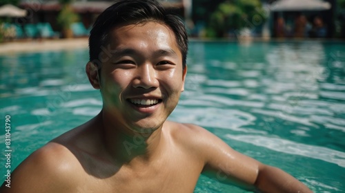 Summer Splash Joyful Young Asian Man in Green Pool Ring at Hotel Club
